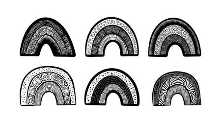 Simple and cute hand drawn rainbows with patterns. Black and white shapes collection. Vector illustration.のイラスト素材