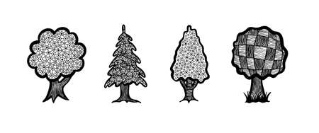 Set of trees with petterns inside. cute hand drawn shapes collection. Vector illustration.のイラスト素材