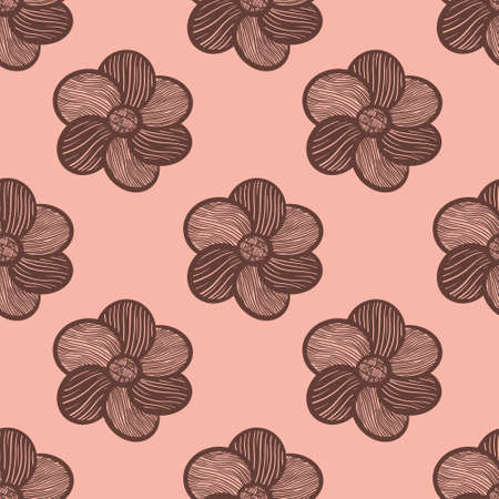 Seamless pattern with simple and cute hand drawn flowers. Brown objects on pink background. Vector illustration.のイラスト素材