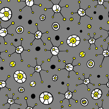 Abstract seamless pattern with hand drawn bacteria and virus. Simple objects on gray background. Vector illustration.のイラスト素材