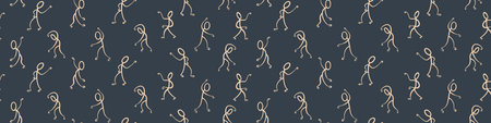 Abstract hand drawn stick figures seamless horizontal border. Dancing people doodle background....
