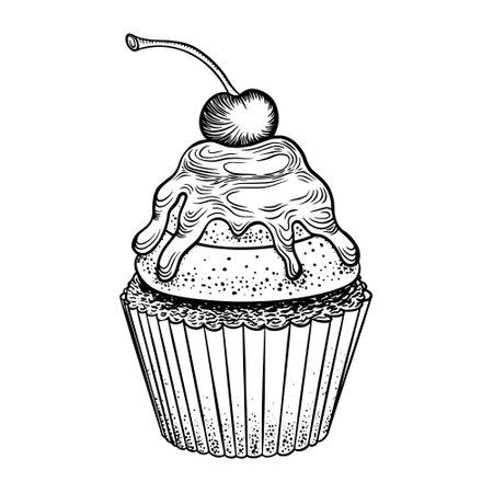 Hand drawn cupcake sketch. Sweet muffin with glaze and cherry isolated on white background. Vector illustration.のイラスト素材