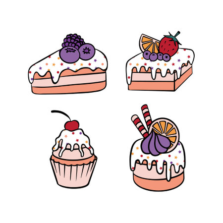 Hand drawn cakes set. Sweet dessert with sprinkles and berries isolated on white background. Vector illustration.のイラスト素材