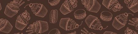 Seamless pattern with sketchy desserts on brown background. Doodle cakes and macaroons horizontal border. Vector illustration.のイラスト素材
