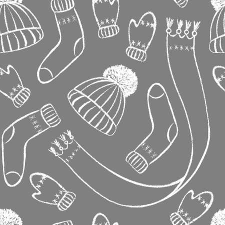 Hand drawn winter seamless pattern with warm clothes. Vector illustration.の写真素材