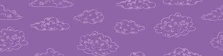 Doodle sky background. Seamless pattern with hand drawn clouds on purple background. Vector illustration.のイラスト素材
