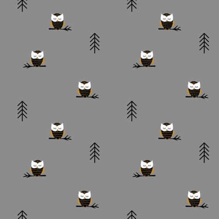 Seamless pattern with owl and fir tree. Cute woodland bird on gray background. Vector illustration.のイラスト素材