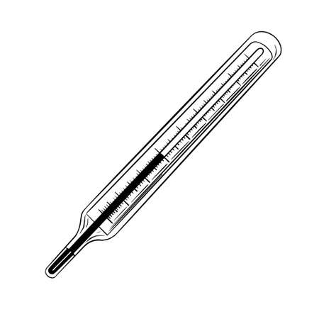 Mercury glass thermometer in sketchy hand drawn style. Medical equipment isolated on white background. Vector illustration.のイラスト素材