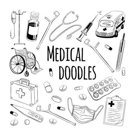 Medical doodles set. Hand drawn clinic stuff in sketchy vintage style on white background. Vector illustration.のイラスト素材