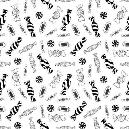 Candy seamless pattern. Black doodles on white background. Vector illustration.のイラスト素材