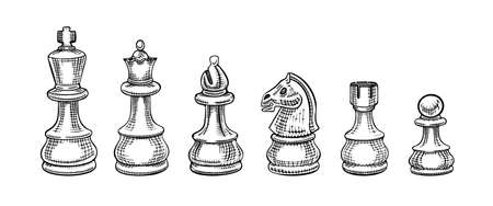 Hand drawn chess pieces collection. Check mate figures set on white background. Vector illustration.のイラスト素材