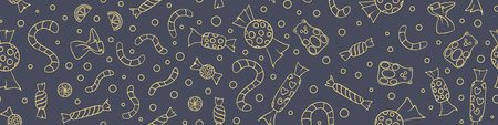 Seamless pattern with sweets. Hand drawn candies on gray background. Vector illustration.