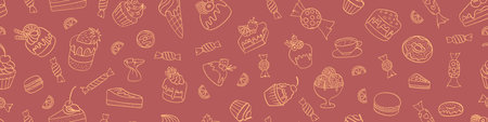 Seamless horizontal border with cakes and sweets. Hand drawn doodle desserts. Vector illustration.