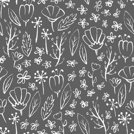 Wild grass seamless pattern. Hand drawn grunge flowers on gray background. Vector illustration.のイラスト素材