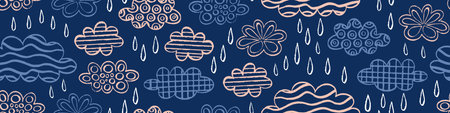 Seamless pattern with hand drawn clouds and rain drops on dark blue background. Vector illustration.