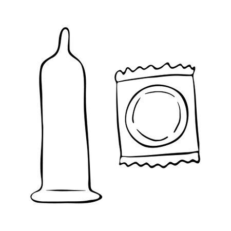 Doodle condom icon isolated on white background. Hand drawn contraception aid. Vector illustration.のイラスト素材