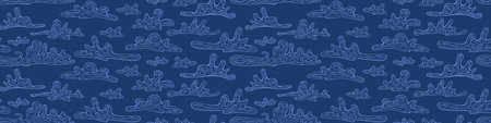 Seamless pattern with hand drawn clouds on dark blue background. Vector illustration.のイラスト素材