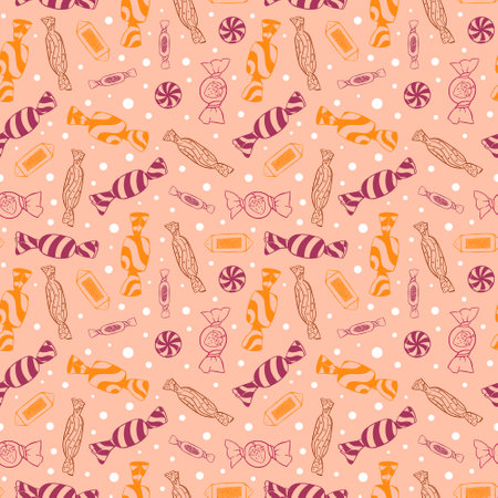Seamless pattern with sweets in wrapper. Hand drawn candies. Vector illustration.のイラスト素材