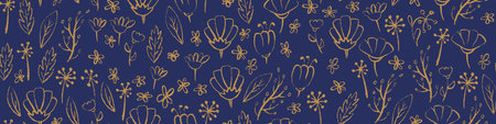 Seamless pattern with hand drawn wild grass and flowers. Horizontal border. Vector illustration.のイラスト素材