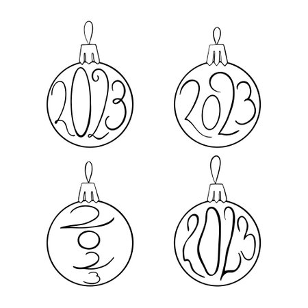 New year and Christmas balls with 2023 lettering inside. Hand drawn doodles collection. Vector illustration.のイラスト素材