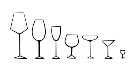 Set of glasses for alcohol drinks. Hand drawn objects isolated on white background. Vector illustration.のイラスト素材