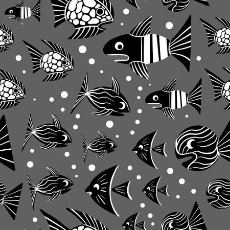 Cute hand drawn fish seamless pattern. underwater background. Vector illustration.のイラスト素材