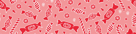 Seamless pattern with red candies on pink background. Hand drawn sweets in wrappers. Vector illustration.のイラスト素材