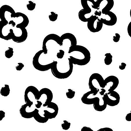 Seamless pattern with hand drawn grunge flowers. Black doodle elements on white background. Vector illustration.のイラスト素材