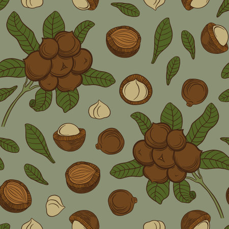 Seamless pattern with hand drawn macadamia plant. Cosmetic and food product packaging background. Vector illustration.のイラスト素材