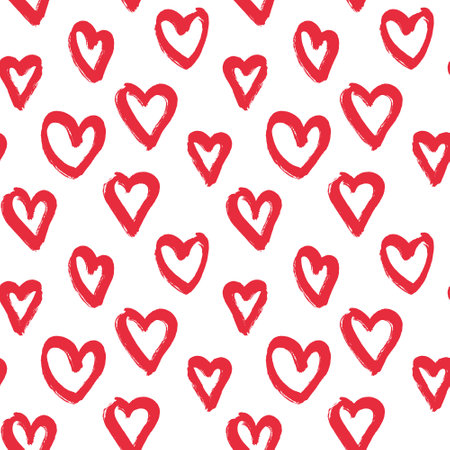 Seamless pattern with lipstick drawn heart shapes. Red elements on white background. Valentines day wrapping paper design. Vector illustration.のイラスト素材