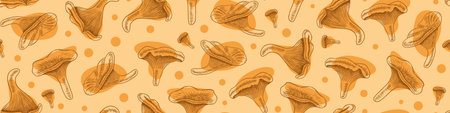 Seamless pattern with hand drawn chanterelles. Mushroom horizontal border. Vector illustration.のイラスト素材