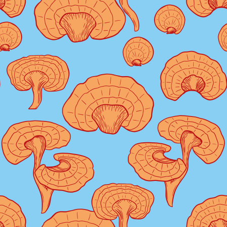 Seamless pattern with hand drawn reishi. Ganoderma mushroom background. Vector illustration.のイラスト素材