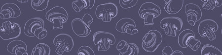 Seamless pattern with hand drawn champignons. Mushrooms on dark purple background. Vector illustration.のイラスト素材