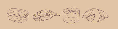 Sushi hand drawn collection isolated on white background. Vector illustration.のイラスト素材