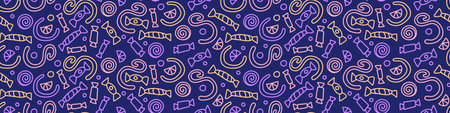 Seamless pattern with candies. Hand drawn sweets on purple background. Vector illustration.