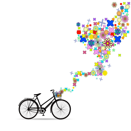 bike with a basket in decorative bright flowersのイラスト素材
