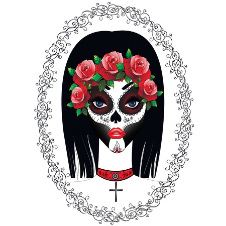 Day of The Dead Woman with Sugar Skull Face Paintのイラスト素材