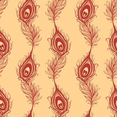 Peacock feather seamless in beige background. Vector illustration.のイラスト素材