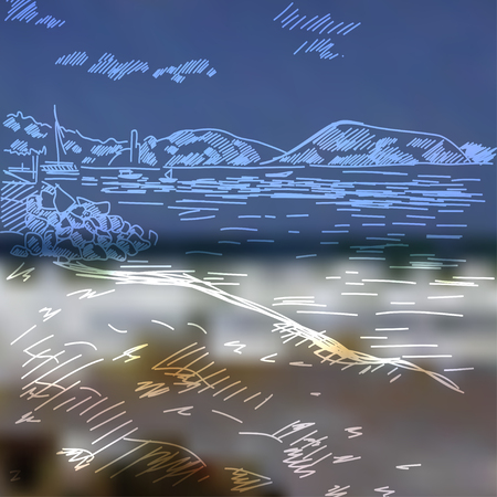 Summer beach with the mountains, clouds and sand hand drawn vector. EPSのイラスト素材