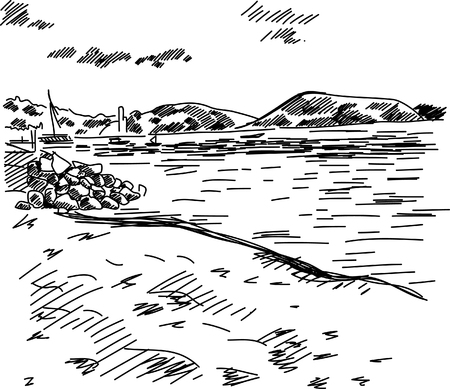 Summer beach with the mountains, clouds and sand hand drawn vector. EPSのイラスト素材