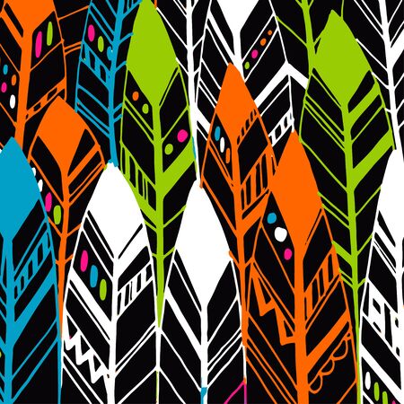 Vector Feather background, retro pattern, ethnic doodle collection, tribal design. Ink hand drawn illustration with different indian feathers on white background EPSのイラスト素材