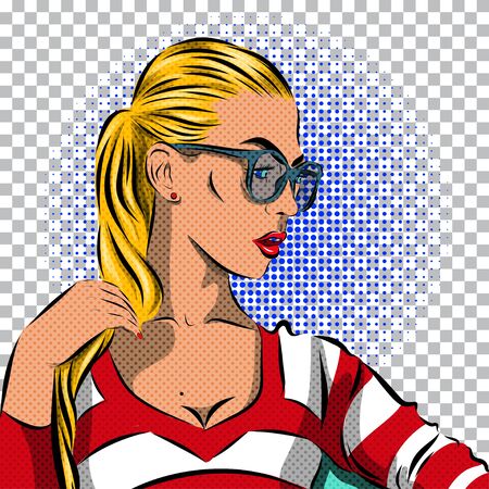Pop Art Woman with sunglasses - on a polka-dots background. Vector illustration.のイラスト素材