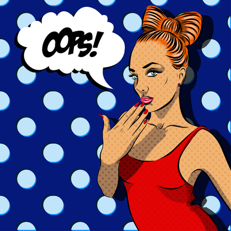 Pop Art Woman - on a polka-dots background. Vector illustration.のイラスト素材