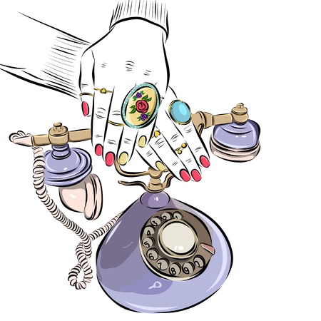 female hands on the retro phone with accessories on white background.のイラスト素材
