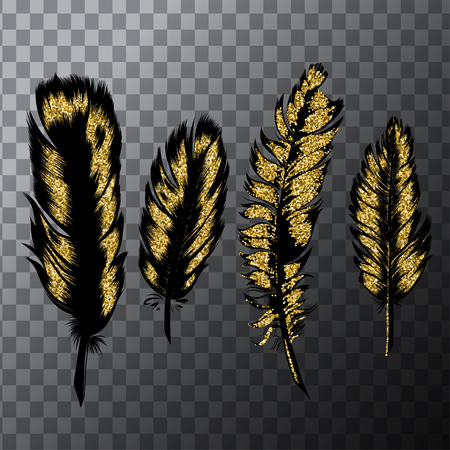 Hand drawn, vector set of gold feathers. Vintage tribal.のイラスト素材
