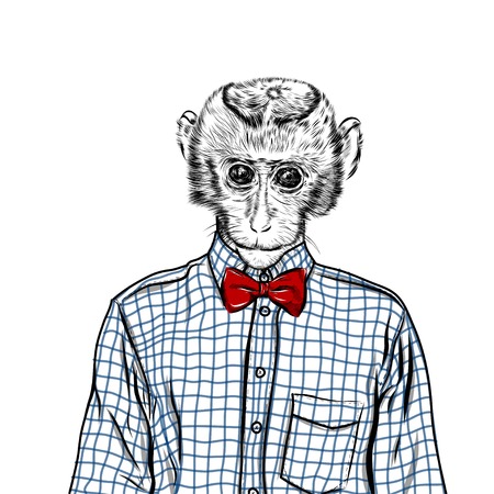 Macaque monkey hipster in a shirt , poster hand drawn illustration vector.のイラスト素材