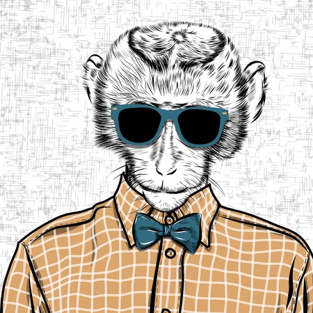 Macaque monkey hipster in a shirt , poster hand drawn illustration vector.のイラスト素材