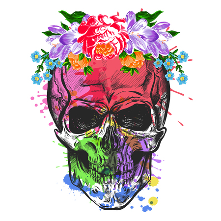 Skull And Flowers. Sketch With Watercolor Effect. Vectorのイラスト素材