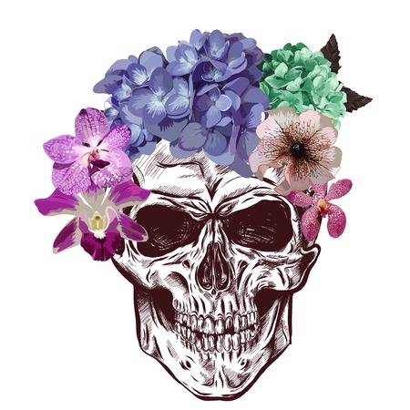 Skull And Flowers. Sketch With gradation Effect. Vectorのイラスト素材