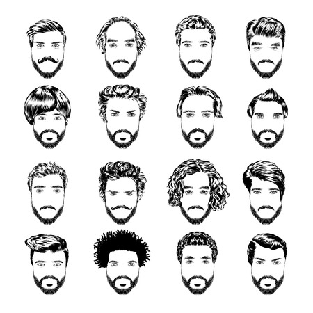 Set of men s hairstyles, beards and mustache. Hand-drawn sketch. Vector Illustration.のイラスト素材